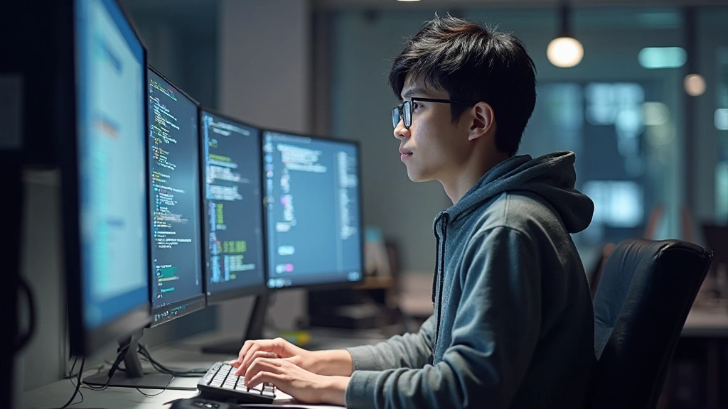 3D artist using AI-assisted modeling tools on high-resolution display, creating digital character with intelligent algorithms assisting the design process