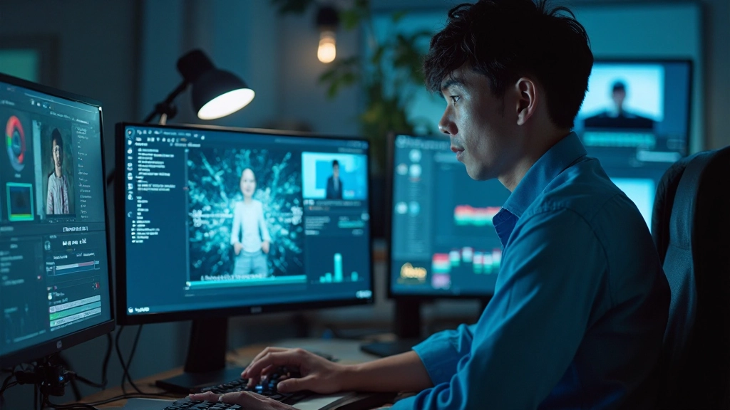 Modern digital media production workspace with multiple monitors displaying video editing timeline and color grading interface