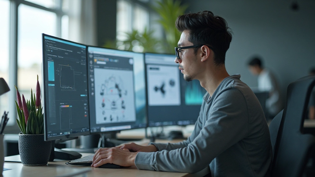 Professional digital workspace with creative software and dual monitors showing design interface