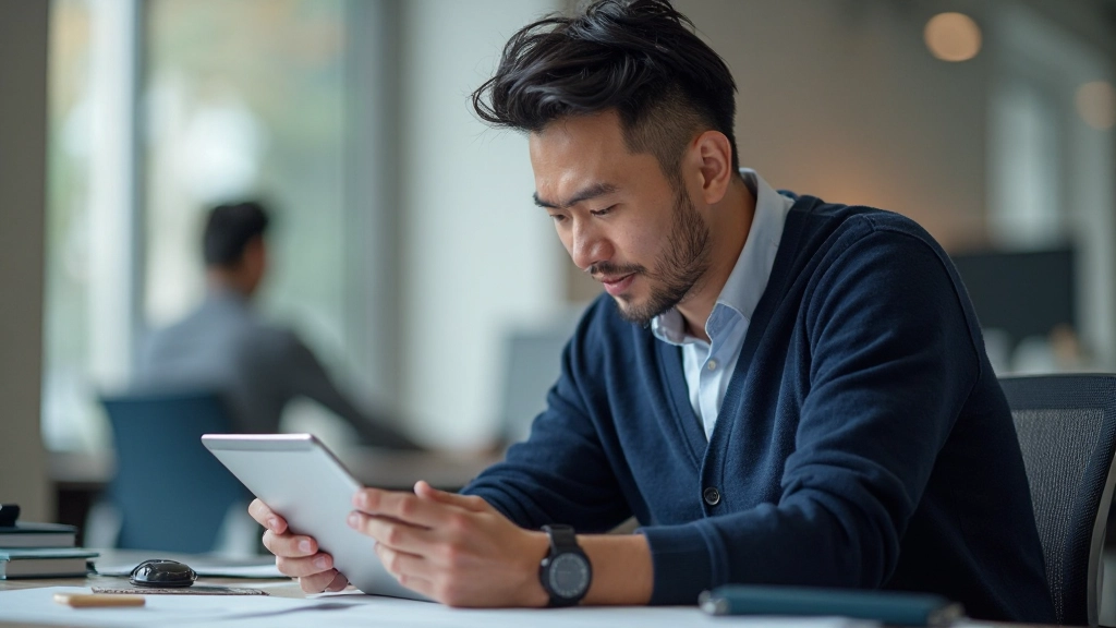 Designer evaluating design concepts and variations on tablet device