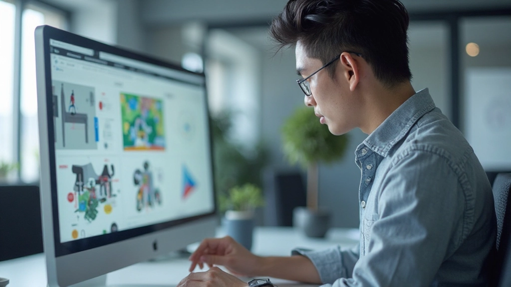 Designer reviewing AI-generated design variations on large monitor display