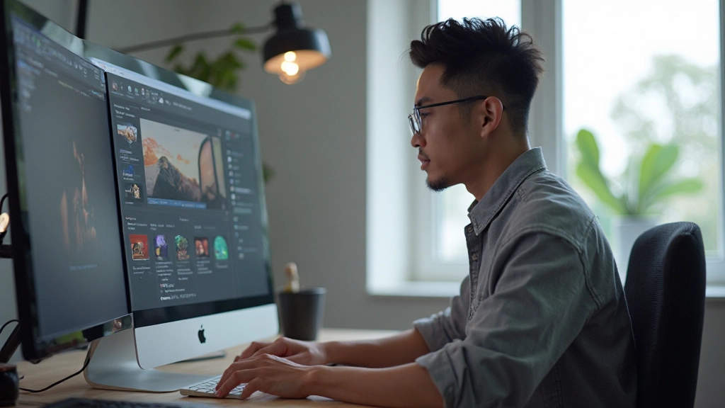 Professional digital artist working with creative software interface on high-resolution display