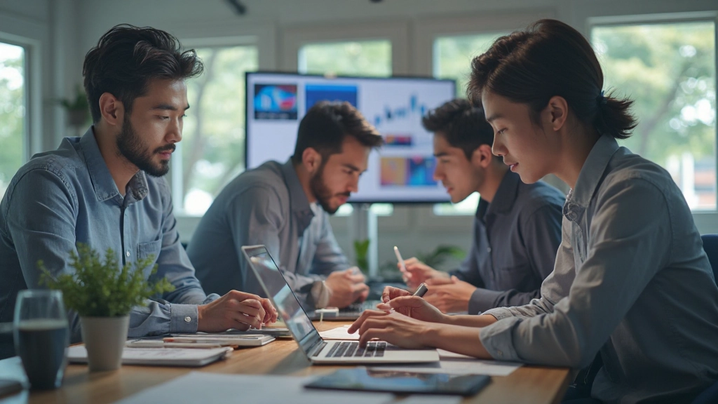 Creative team collaborating at modern workspace with multiple displays showing design software interfaces