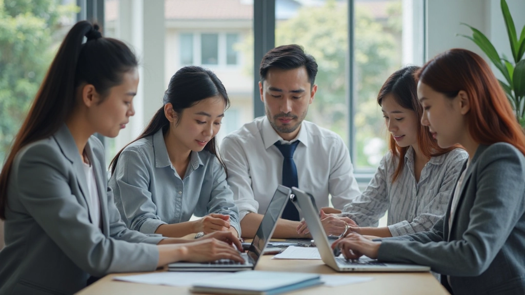Modern digital workspace with multiple team members collaborating on creative project using cloud-based design tools and real-time communication