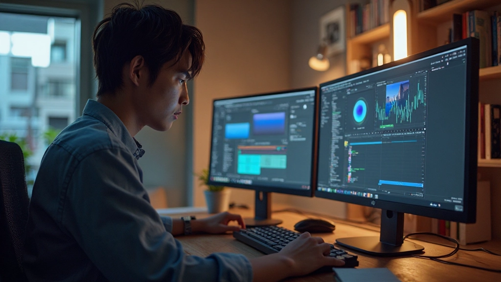 Digital artist using advanced AI-powered video editing software with real-time visual effects preview and automated color correction interface