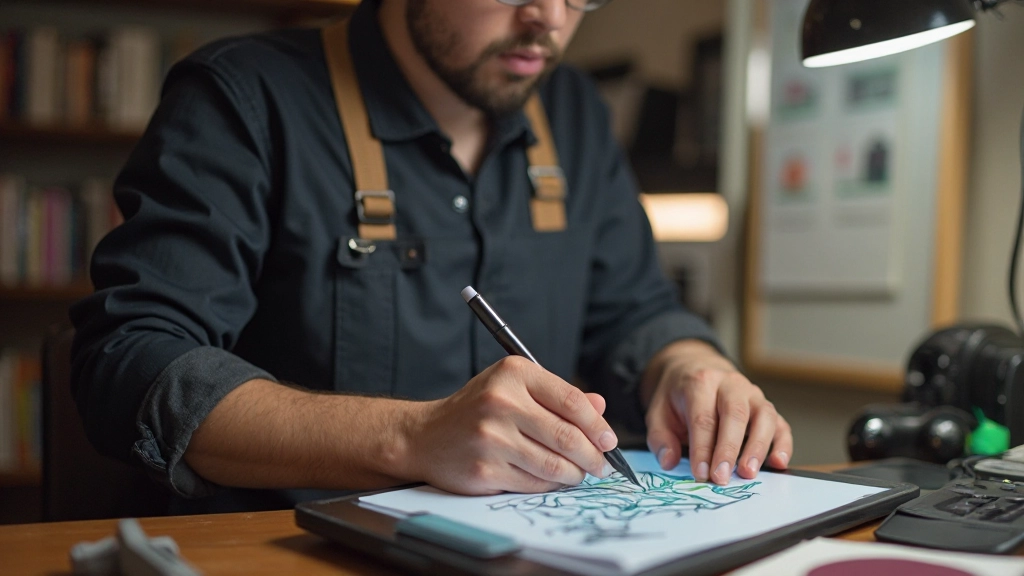 Creative professional using digital tablet and stylus for illustration and digital art in collaborative studio environment