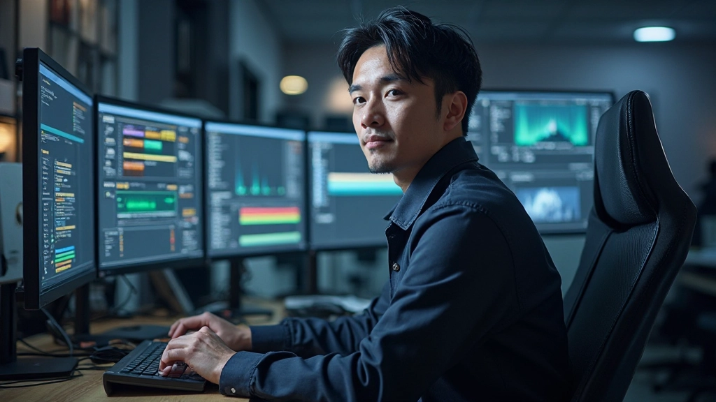 Digital media production specialist working with audio and video editing equipment in professional creative studio