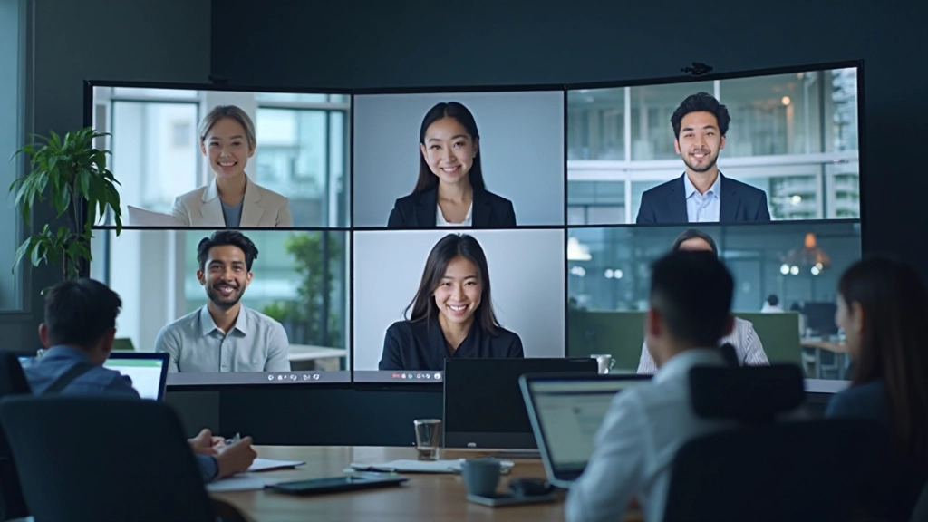 Creative team in video conference meeting discussing design concepts with interactive whiteboard and shared screen